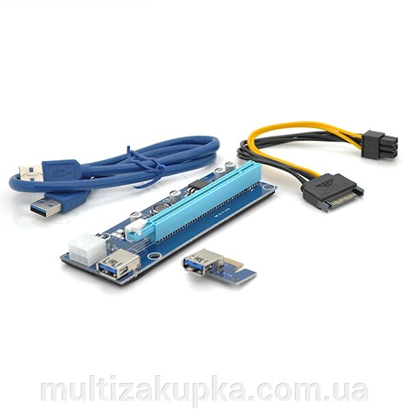 Riser PCI-EX, x1=>x16, 6-pin, SATA=>6Pin, USB 3.0 AM-AM 0,6 м (синій), конденсатори CS 220 16V, Пакет від компанії Mультізакупка - фото 1