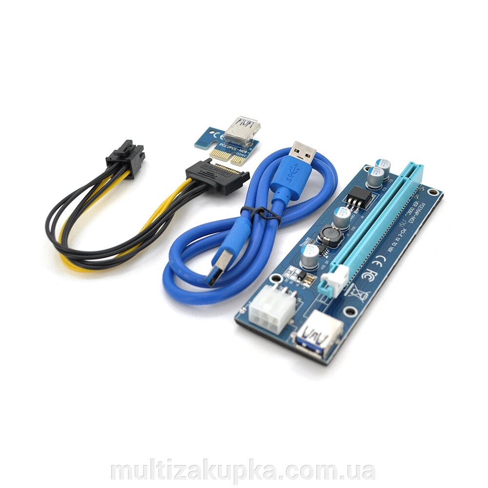 Riser PCI-EX, x1=>x16, 6-pin, SATA=>6Pin, USB 3.0 AM-AM 0,6 м (синій), конденсатори FP5K, Пакет від компанії Mультізакупка - фото 1