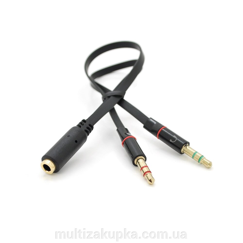 Спліттер Jack 3.5 (мама) 2 pin => 2 * Jack 3.5 (тато) 2 pin, плоский, Black, Пакет від компанії Mультізакупка - фото 1