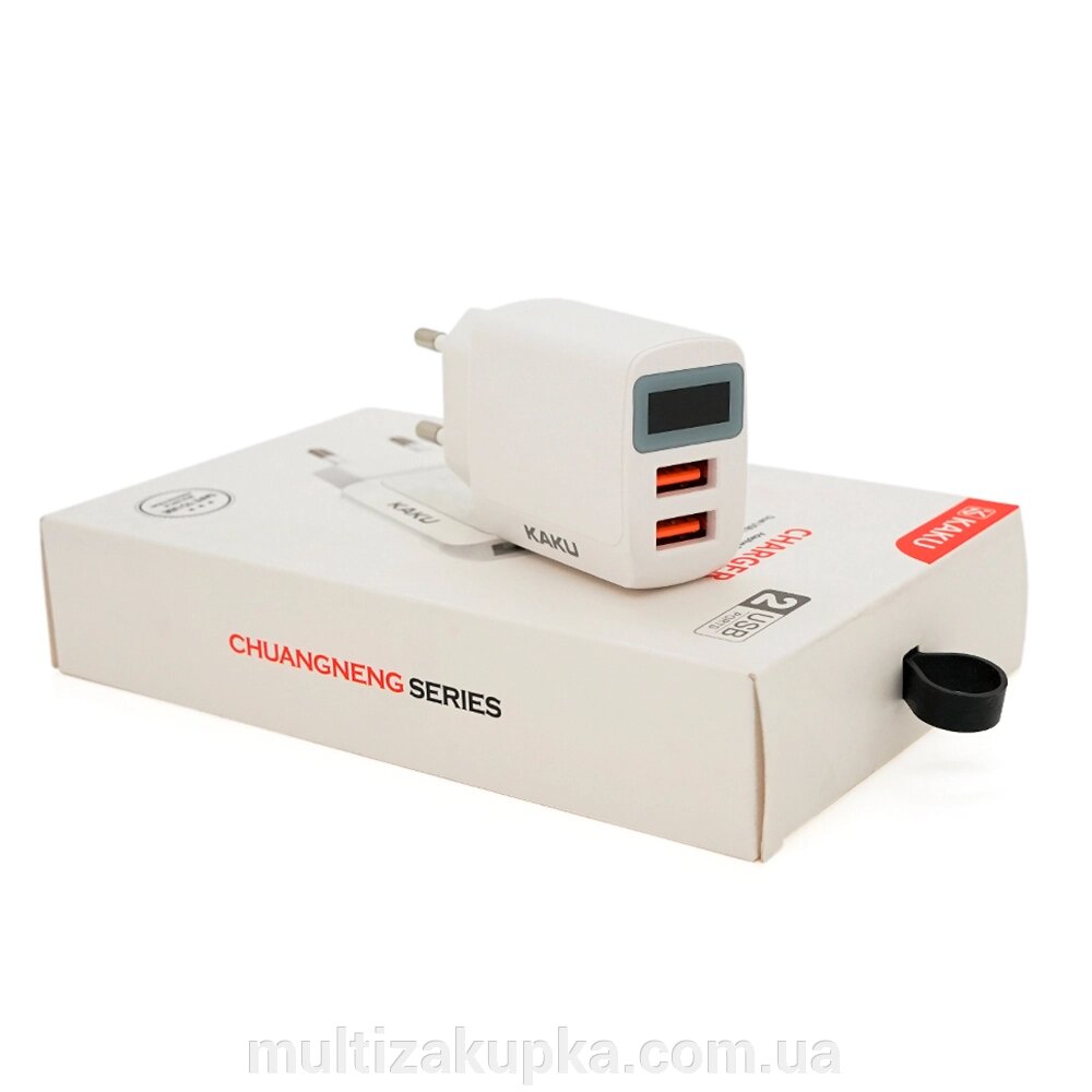 СЗУ AC100-240V iKAKU KSC-180 CHUANGNENG, 2xUSB, 2.4A, з цифровим дисплеєм, White, Box від компанії Mультізакупка - фото 1