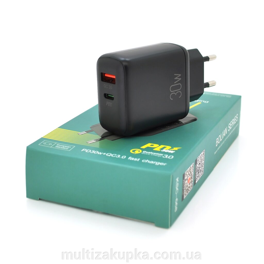 СЗУ AC100-240V iKAKU KSC-668 BOLIAN PD30W+QC3.0 Dual Port charger, Black, Box від компанії Mультізакупка - фото 1