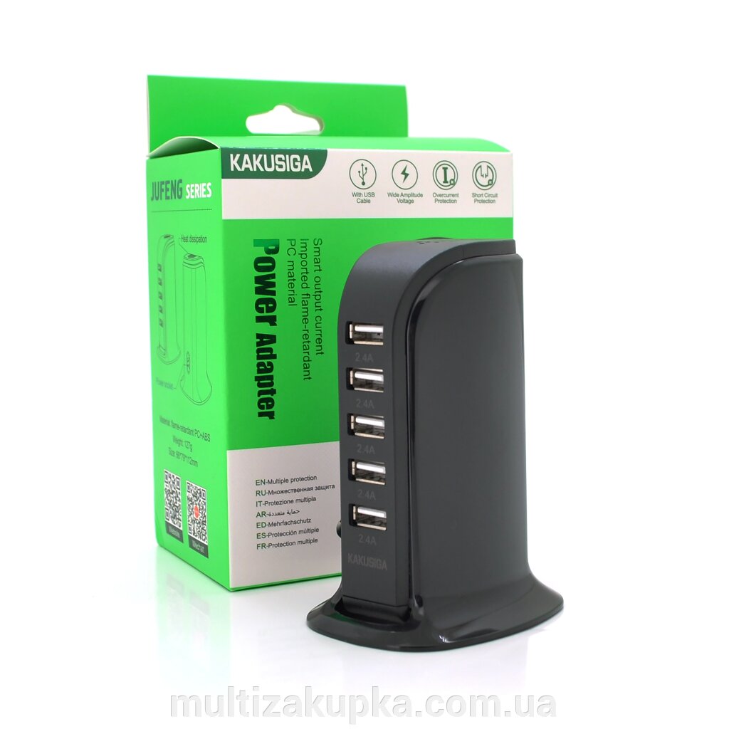 СЗУ AC100-240V iKAKU KSC-741 Jufeng Series Desktop, 5xUSB, Output: DC5V/2.4A (12W), Black, Box від компанії Mультізакупка - фото 1