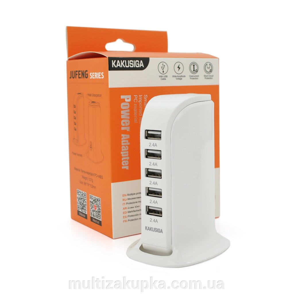 СЗУ AC100-240V iKAKU KSC-741 Jufeng Series Desktop, 5xUSB, Output: DC5V/2.4A (12W), White, Box від компанії Mультізакупка - фото 1