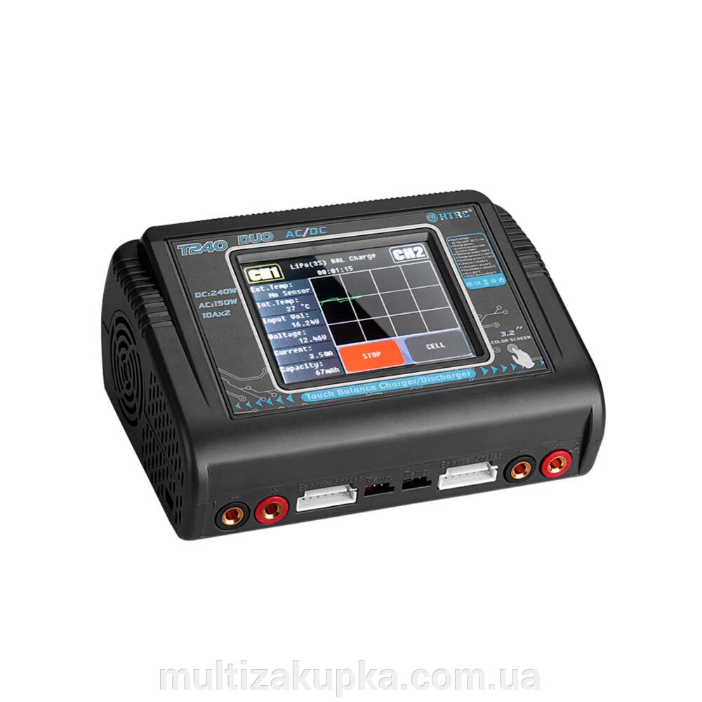 Зарядний пристрій HTRC T240 Duo AC150/DC240Вт, тип АКБ LiPo, LiHv, Li-ion, NiMh, LiFe, Pb, 3.2" Touch screen, від компанії Mультізакупка - фото 1