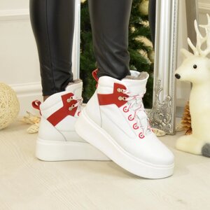 Черевики шкіряні жіночі спортивного стилю на шнурівці, колір білий/червоний