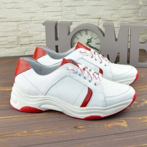 Кросівки шкіряні чоловічі на шнурівці, колір білий/червоний. 43 розмір