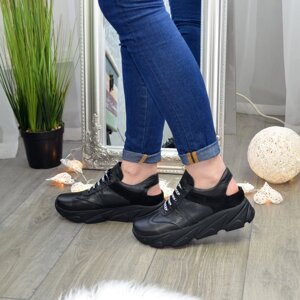 Кросівки жіночі чорні шкіряні на шнурівці з відкритою п'ятою