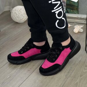 Кросівки жіночі замшеві на шнурівці, колір чорний/фуксія. 37 розмір