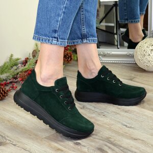 Кросівки жіночі замшеві на шнурівці. Колір зелений