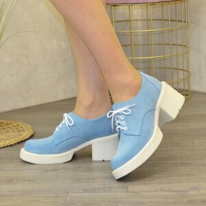 Туфлі жіночі замшеві на широкому підборі, колір блакитний. 39 розмір