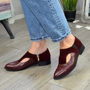 Жіночі бордові туфлі з гострим носком на низькому ходу, натуральна шкіра та замша. 41 розмір