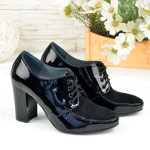 Жіночі класичні чорні туфлі на високих підборах, натуральна лакова шкіра і замша. 37 розмір
