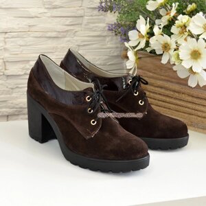 Жіночі коричневі замшеві туфлі на шнурівці, стійкий каблук. 37 розмір