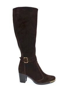 Жіночі коричневі замшеві чоботи на невисокому стійкому каблуці. Батал