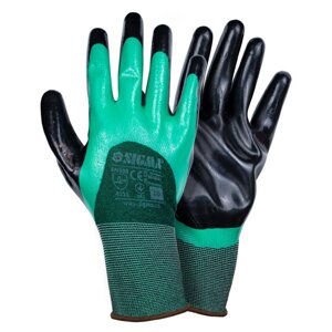 Перчатки трикотажные с двойным нитриловым покрытием р9 зелено-черные манжет Sigma 9443591