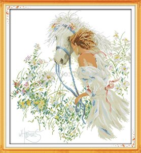 Набір для вишивання хрестом "Білий кінь і дівчинка в саду"