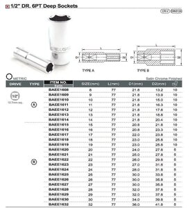 Головка торцева довга 1/2 "21мм TOPTUL BAEE1621