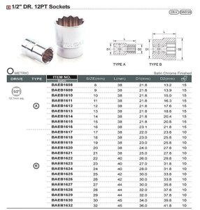 Головка торцевая 12-гранная 1/2" 24мм TOPTUL BAEB1624