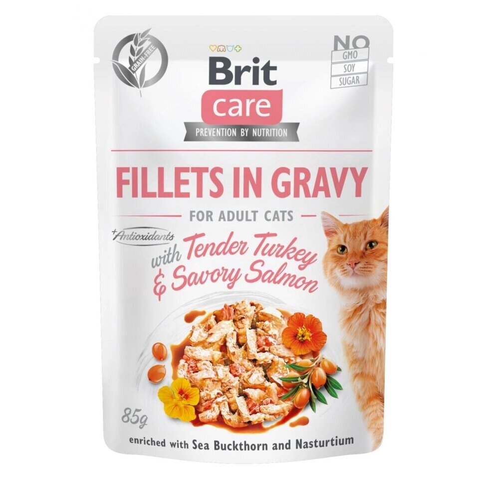 Brit Care Cat pouch 85g філе в соусі ніжна індичка і пікантний лосось від компанії MY PET - фото 1