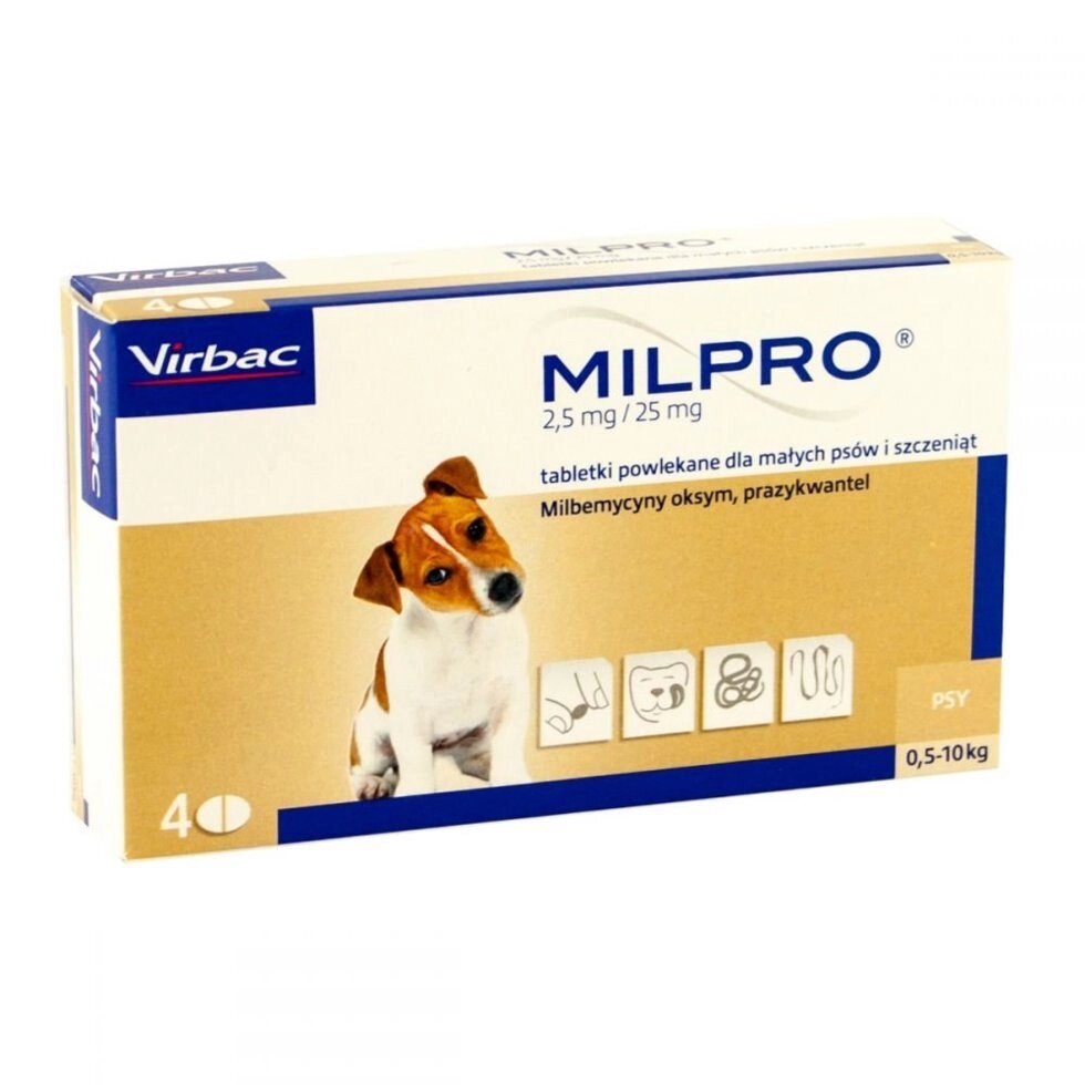 Мілпро дог 2,5 мг / 25 мг для цуценят і собак дрібних порід від 0,5 кг до 5 кг, 4 таб Milpro від компанії MY PET - фото 1