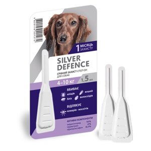Краплі на холку від бліх, кліщів і комарів Silver Defence для собак вагою 4-10кг