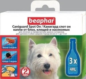 Beaphar Caniguard Spot On-Краплі від бліх, кліщів і комах на холку для цуценят собак середніх порід вагою від 7 до 15 кг