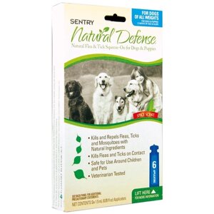 SENTRY Natural Defense Сентро Натуральна ЗАХИСТ краплі від бліх і кліщів для собак і цуценят 6шт.