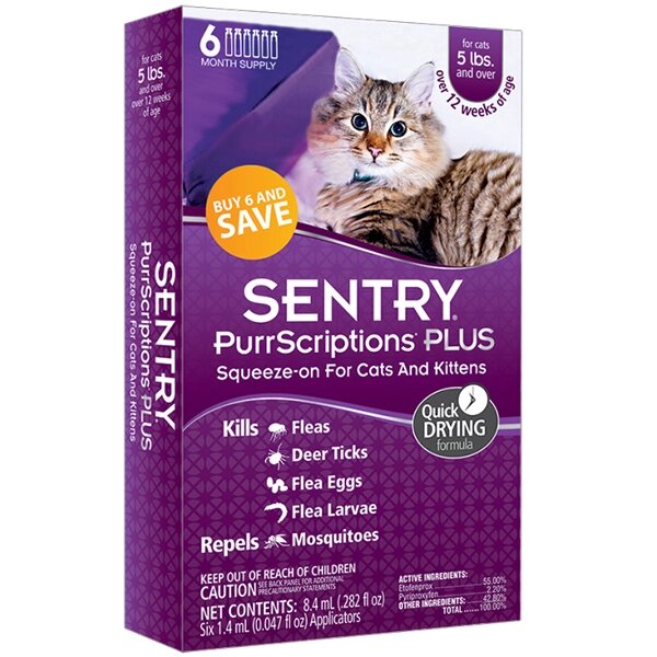 Sentry PurrScriptions Plus краплі від бліх і кліщів для кішок, від 2,2 кг, 6 шт. від компанії MY PET - фото 1