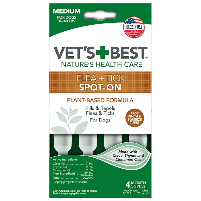 VET`S BEST Flea & Tick Drops Medium 4 Тубі для собак вагою від 7 до 18кг від компанії MY PET - фото 1