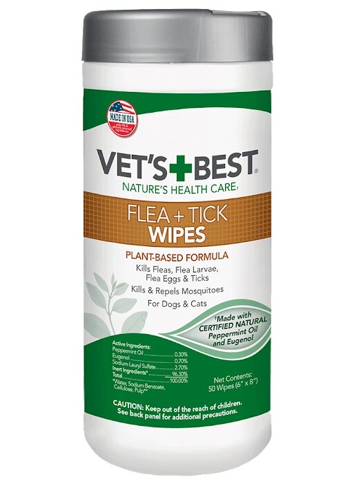 VET`S BEST Flea & Tick Wipes 50 шт серветки від бліх і кліщів для тварин 235 мл від компанії MY PET - фото 1