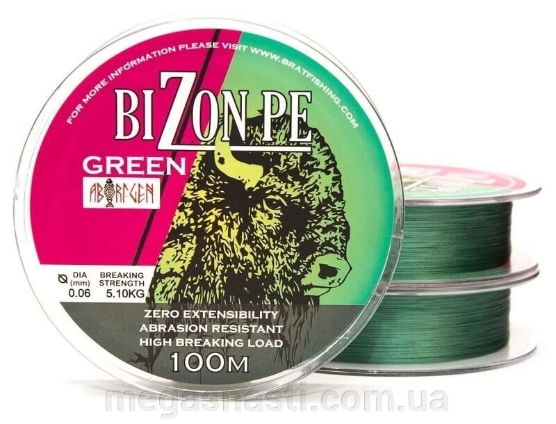 Шнур BratFishing Aborigen Bizon PE Green 100м 0,12 мм від компанії MEGASNASTI - фото 1