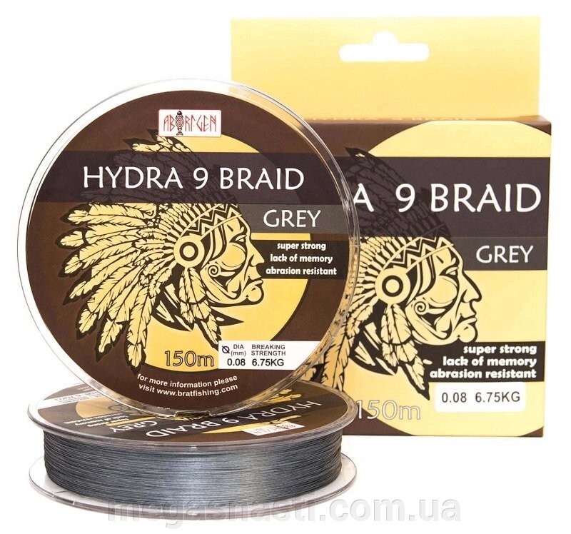 Шнур BratFishing Aborigen Hydra 9 Braid Grey 150м 0,08 мм від компанії MEGASNASTI - фото 1