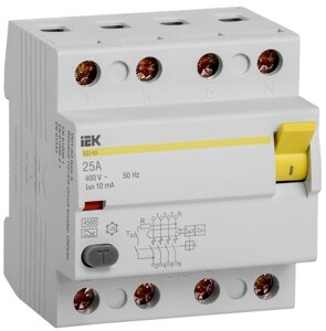Пристрій захисного відключення (ПЗВ) ВД1-63 4Р 25А 10мА тип А IEK