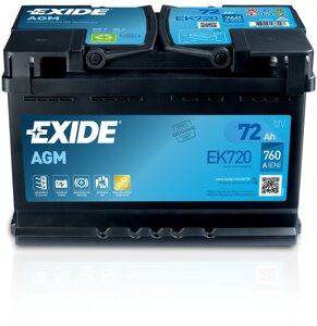 Акумулятор автомобільний EXIDE AGM 6СТ-72 А / Ч R + EK720 Start & Stop