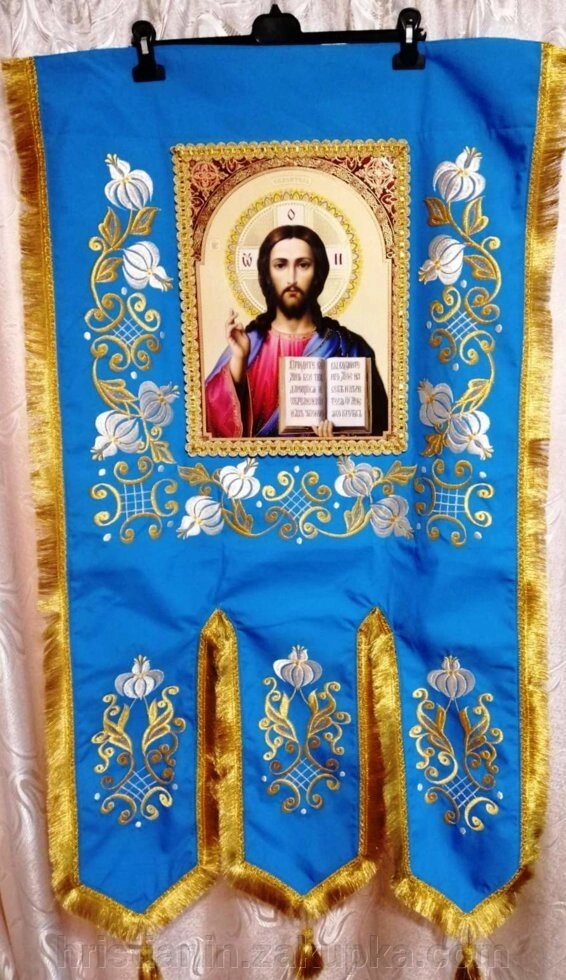 Хоругви тканинні вишиті, пара, колір блакитний від компанії ІНТЕРНЕТ МАГАЗИН "ХРИСТИЯНИН" церковне начиння - фото 1