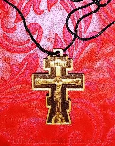 Хрест дерев'яний різьблений з розп'яттям на тасьмі, восьмикутний 3,5 см від компанії ІНТЕРНЕТ МАГАЗИН "ХРИСТИЯНИН" церковне начиння - фото 1