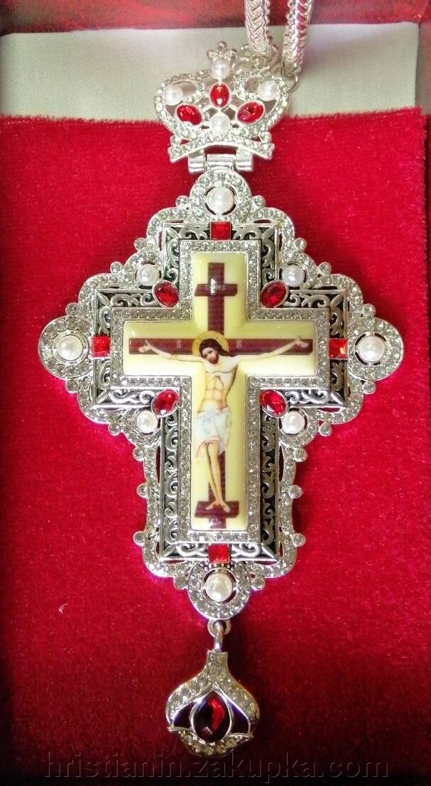 Хрест із прикрасою, нікель + каміння, з ланцюгом у футлярі від компанії ІНТЕРНЕТ МАГАЗИН "ХРИСТИЯНИН" церковне начиння - фото 1