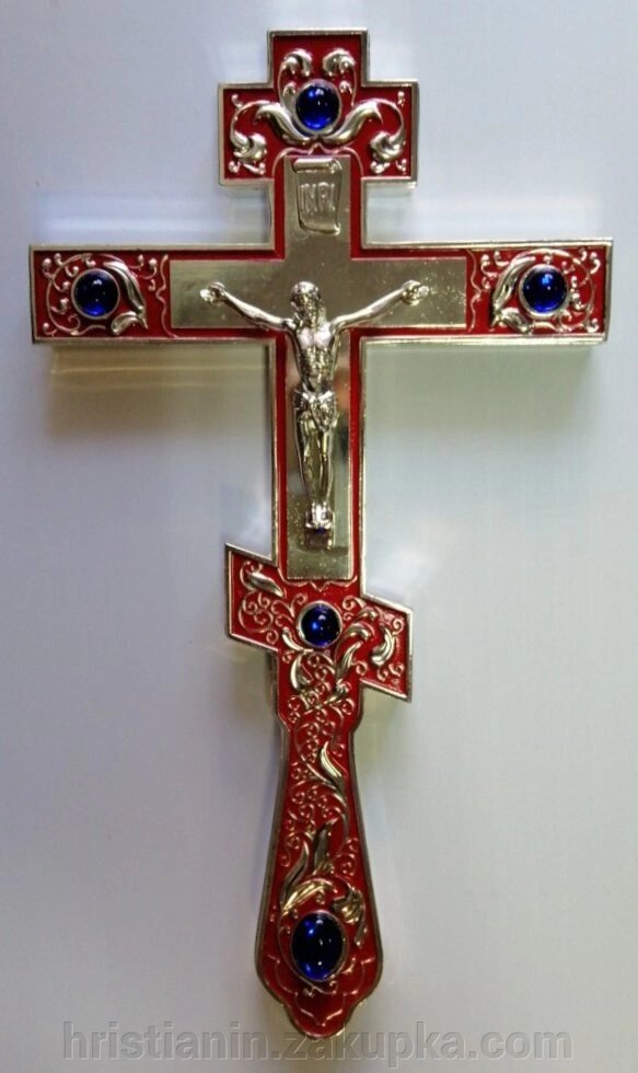 Хрест напрестольний металевий, нікель, червоний з емаллю + камені 15х26 см. від компанії ІНТЕРНЕТ МАГАЗИН "ХРИСТИЯНИН" церковне начиння - фото 1