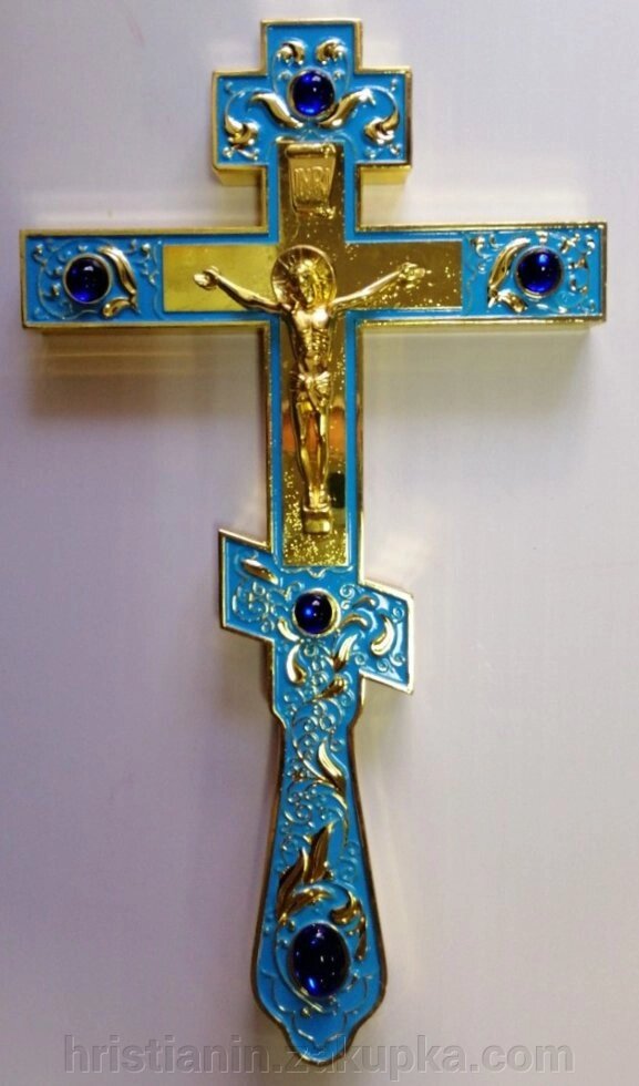 Хрест напрестольний металевий, золочення, блакитний з емаллю + камені 15х26 см від компанії ІНТЕРНЕТ МАГАЗИН "ХРИСТИЯНИН" церковне начиння - фото 1