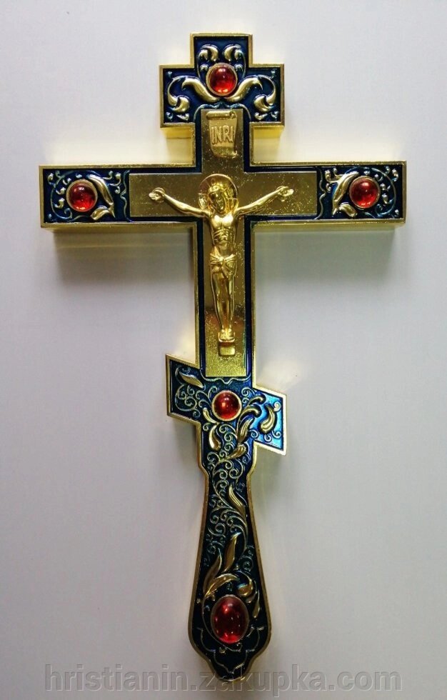Хрест напрестольний металевий, золочення, синій з емаллю + камені 15х26 см. від компанії ІНТЕРНЕТ МАГАЗИН "ХРИСТИЯНИН" церковне начиння - фото 1