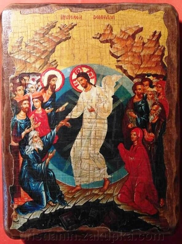Ікона на дереві "під старовину" "Воскресіння Христове" 13х17 від компанії ІНТЕРНЕТ МАГАЗИН "ХРИСТИЯНИН" церковне начиння - фото 1