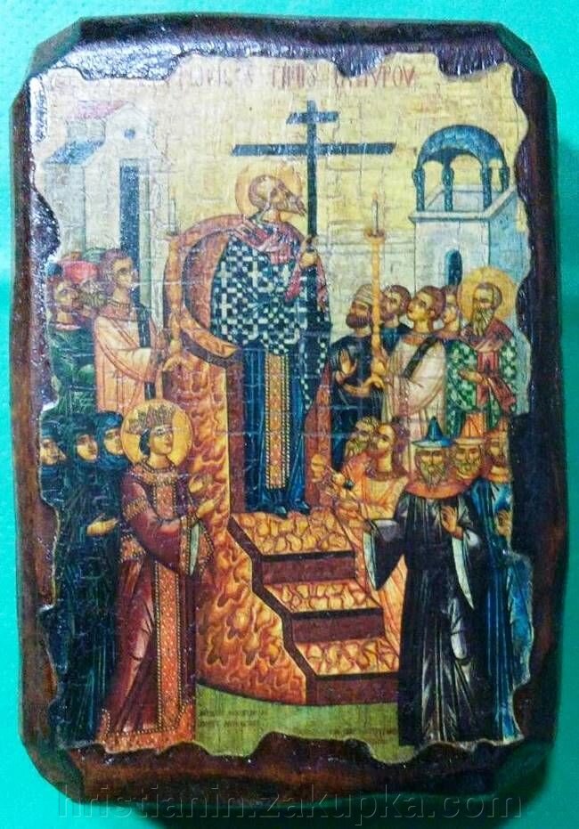 Ікона під старовину, "Воздвиження Чесного і Животворящого Хреста Господнього" 7х10 від компанії ІНТЕРНЕТ МАГАЗИН "ХРИСТИЯНИН" церковне начиння - фото 1