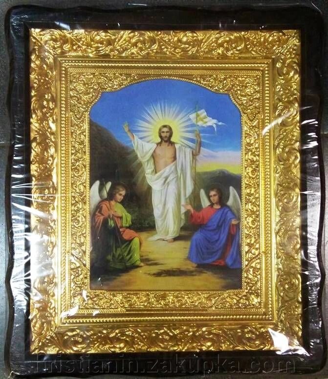 Ікона в дерев'яному фігурному кіоті + полуріза кольорова, "Воскресіння Христове" від компанії ІНТЕРНЕТ МАГАЗИН "ХРИСТИЯНИН" церковне начиння - фото 1