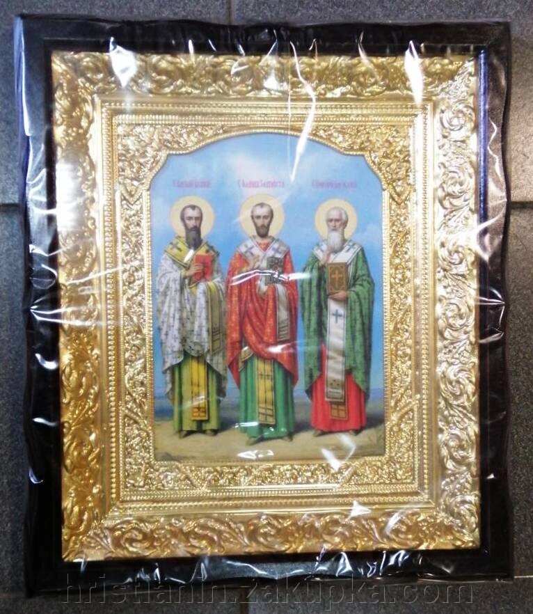 Ікона в дерев'яному фігурному кіоті + риза, "Три святителя" від компанії ІНТЕРНЕТ МАГАЗИН "ХРИСТИЯНИН" церковне начиння - фото 1