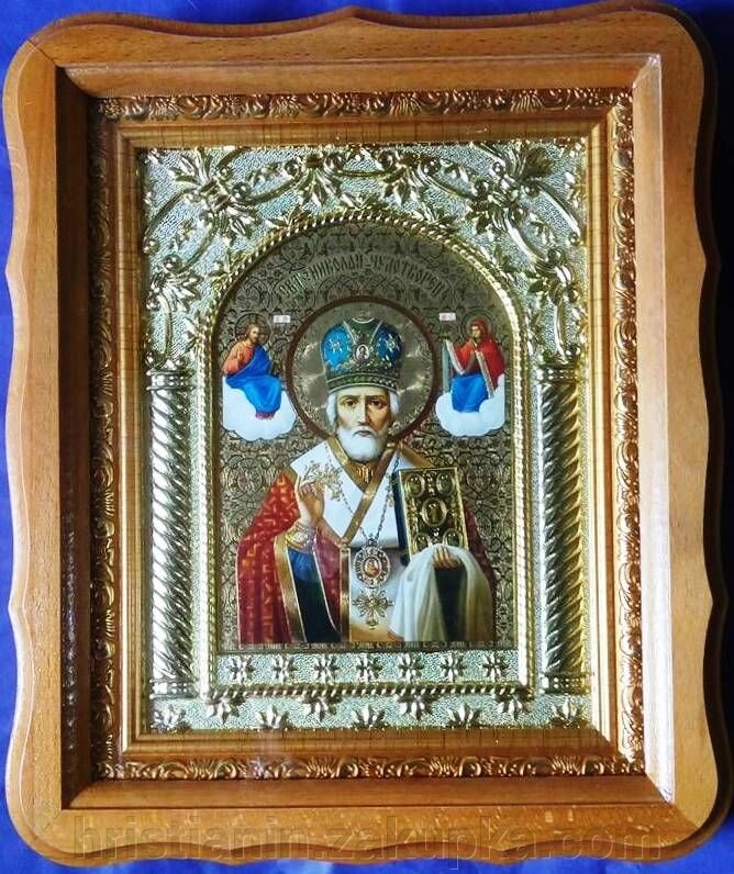 Ікона в дерев'яному фігурному кіоті зі вставкою, "Микола", 20х25 від компанії ІНТЕРНЕТ МАГАЗИН "ХРИСТИЯНИН" церковне начиння - фото 1