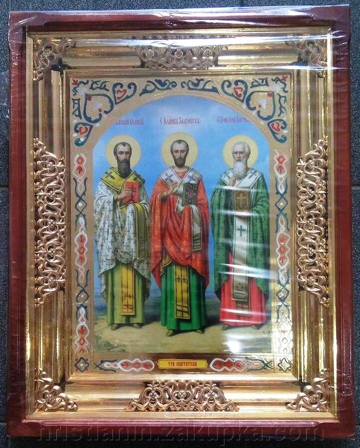 Ікона в дерев'яному кіоті, "Три святителя" від компанії ІНТЕРНЕТ МАГАЗИН "ХРИСТИЯНИН" церковне начиння - фото 1