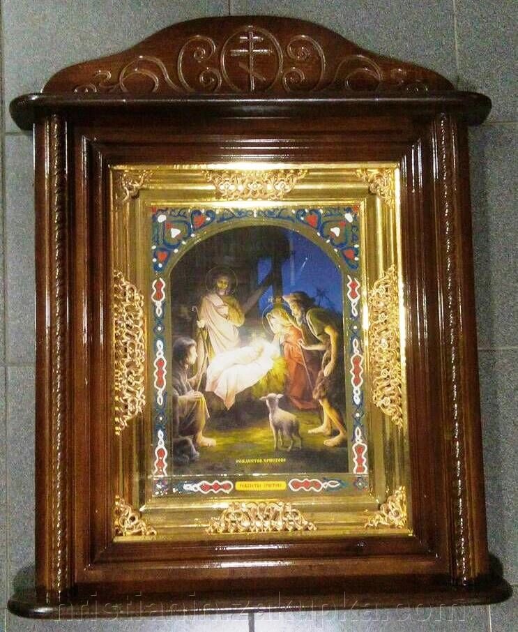 Кіот храмовий підвісний з іконою "Різдво Христове", колір горіх від компанії ІНТЕРНЕТ МАГАЗИН "ХРИСТИЯНИН" церковне начиння - фото 1