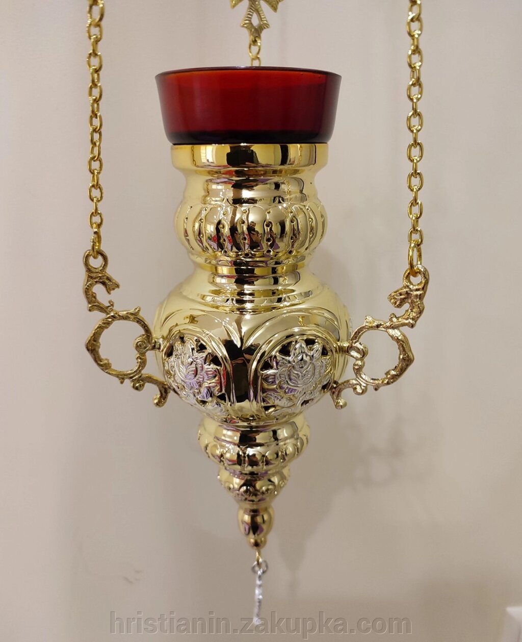 Лампада металева латунь, позолочена зі сріблом, підвісна від компанії ІНТЕРНЕТ МАГАЗИН "ХРИСТИЯНИН" церковне начиння - фото 1