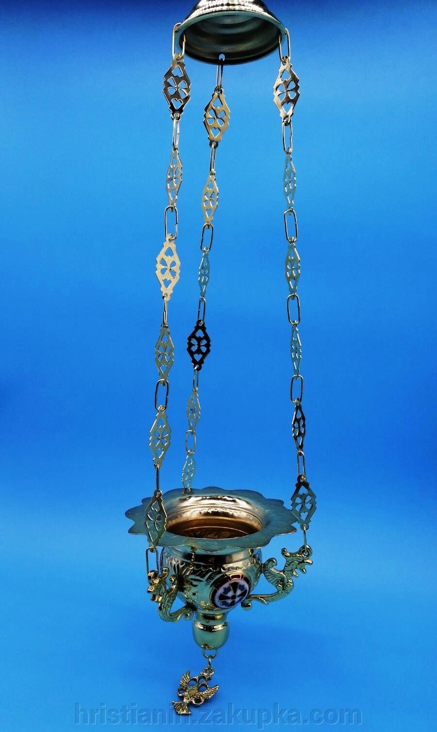Лампада металева підвісна, мала, золочення з емаллю від компанії ІНТЕРНЕТ МАГАЗИН "ХРИСТИЯНИН" церковне начиння - фото 1