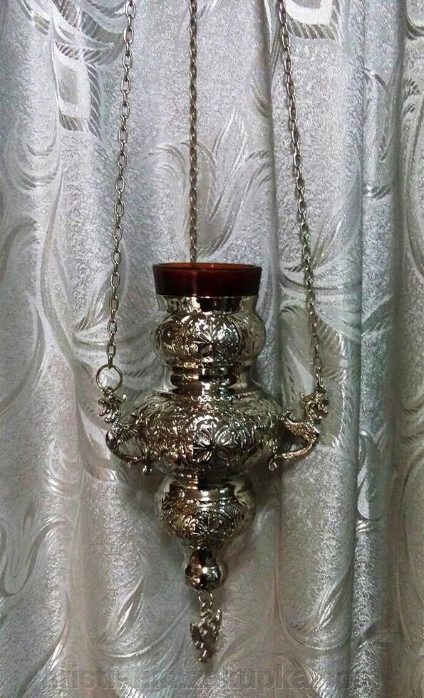 Лампада металлическая латунь подвесная+стакан, никелированная, большая. Греція від компанії ІНТЕРНЕТ МАГАЗИН "ХРИСТИЯНИН" церковне начиння - фото 1